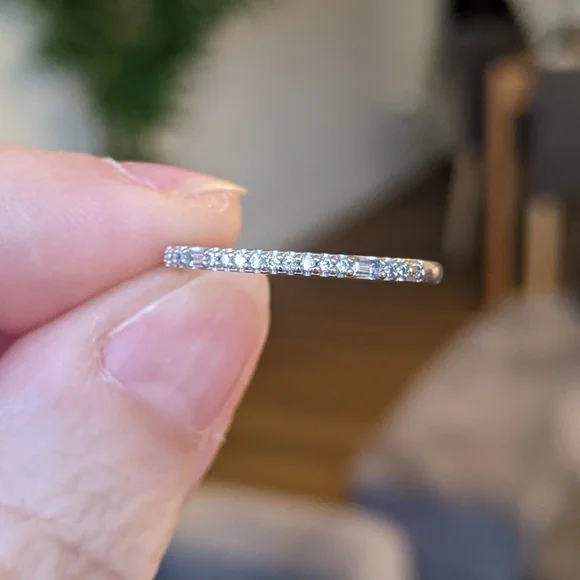 10K White Gold Round And Emerald Cut Diamond Half Eternity Ring - Picture 5 of 12